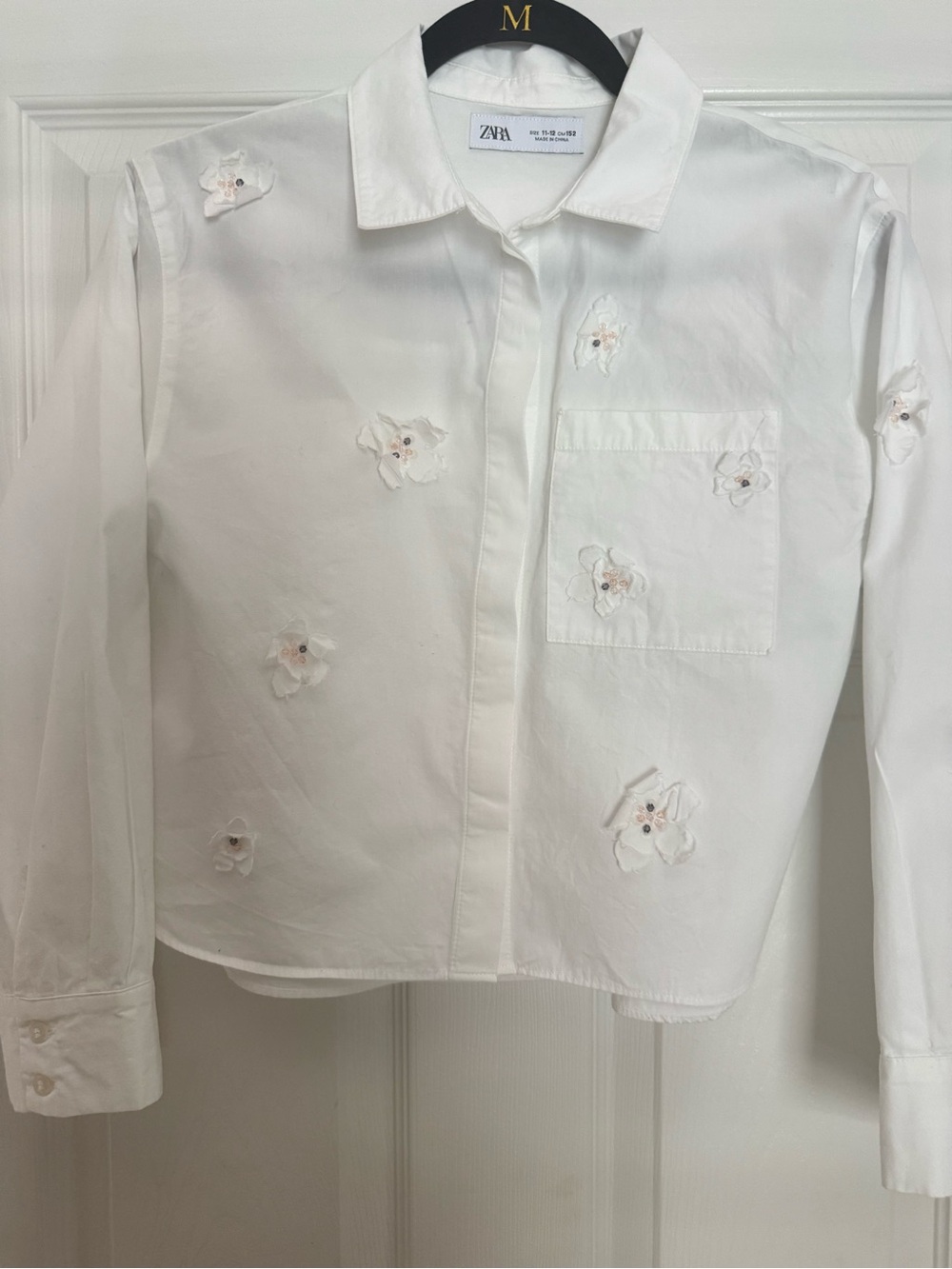 Zara White Cotton Button-Down Shirt with Floral Appliqués